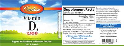 Photo of the Carlson Vitamin D3 10,000 IU label