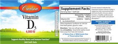 Photo of the Carlson Vitamin D3 4,000 IU label