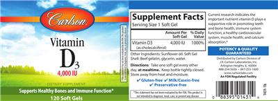 Photo of the Carlson Vitamin D3 4,000 IU label