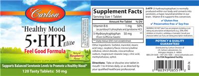 Photo of the Carlson 5-HTP Elite Natural Raspberry Flavor label