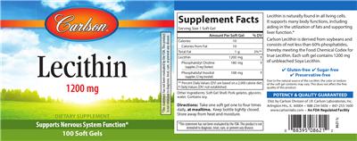 Photo of the Carlson Lecithin 1200 mg label