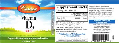 Photo of the Carlson Vitamin D3 400 IU label