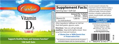 Photo of the Carlson Vitamin D3 1,000 IU label