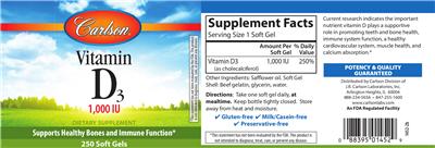 Photo of the Carlson Vitamin D3 1,000 IU label