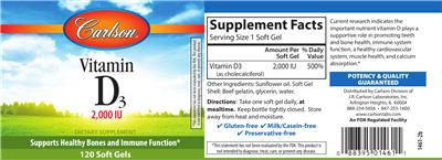 Photo of the Carlson Vitamin D3 2,000 IU label