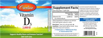 Photo of the Carlson Vitamin D3 2,000 IU label