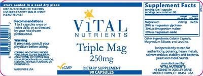 Photo of the Vital Nutrients Triple Mag 250 mg label