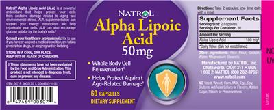 Photo of the Natrol Alpha Lipoic Acid 50 mg label