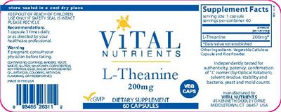 Photo of the Vital Nutrients L-Theanine 200 mg label