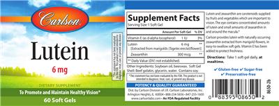 Photo of the Carlson Lutein 6 mg label