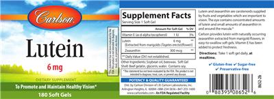 Photo of the Carlson Lutein 6 mg label