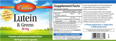 Photo of the Carlson Lutein & Greens 20 mg label