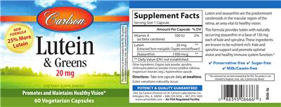 Photo of the Carlson Lutein & Greens 20 mg label