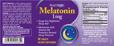 Photo of the Natrol Melatonin 1 mg label
