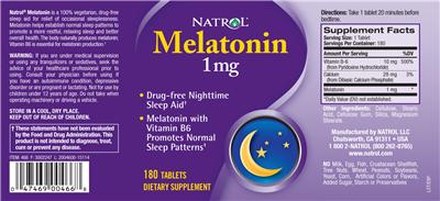 Photo of the Natrol Melatonin 1 mg label