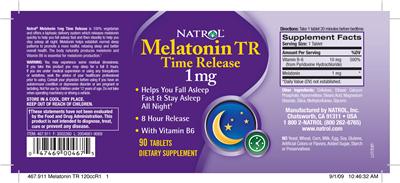 Photo of the Natrol Melatonin TR Time Release 1 mg label