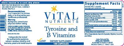 Photo of the Vital Nutrients Tyrosine and B Vitamins label