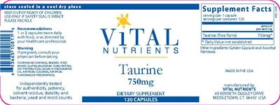 Photo of the Vital Nutrients Taurine 750 mg label