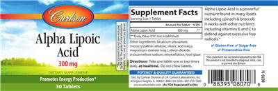 Photo of the Carlson Alpha Lipoic Acid 300 mg label