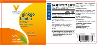 Photo of the The Vitamin Shoppe Ginkgo Biloba Extract label