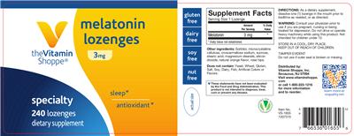 Photo of the The Vitamin Shoppe Melatonin Lozenges 3 mg label