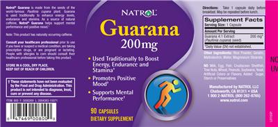 Photo of the Natrol Guarana 200 mg label