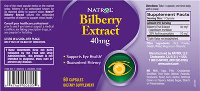 Photo of the Natrol Bilberry Extract 40 mg label