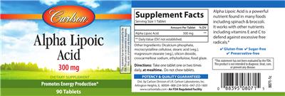 Photo of the Carlson Alpha Lipoic Acid 300 mg label