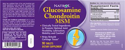 Photo of the Natrol Glucosamine Chondroitin MSM label