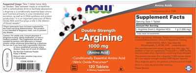 Photo of the NOW Double Strength L-Arginine 1000 mg label
