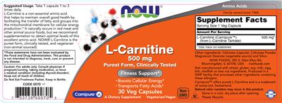 Photo of the NOW L-Carnitine 500 mg label
