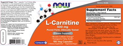 Photo of the NOW L-Carnitine 500 mg label