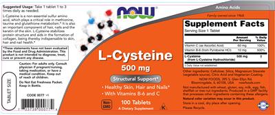 Photo of the NOW L-Cysteine 500 mg label