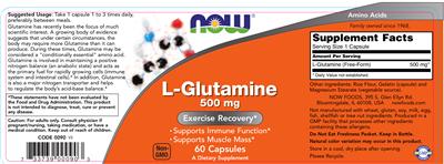 Photo of the NOW L-Glutamine 500 mg label