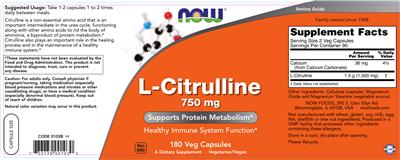 Photo of the NOW L-Citrulline 750 mg label