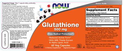 Photo of the NOW Glutathione 500 mg label