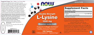 Photo of the NOW Double Strength L-Lysine 1000 mg label