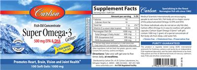 Photo of the Carlson Super Omega-3 Gems label