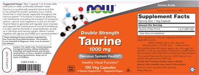 Photo of the NOW Double Strength Taurine 1000 mg label