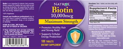 Photo of the Natrol Biotin 10,000 mcg Maximum Strength label
