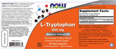 Photo of the NOW L-Tryptophan 500 mg label