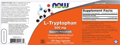 Photo of the NOW L-Tryptophan 500 mg label