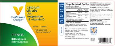 Photo of the The Vitamin Shoppe Calcium Citrate Plus Magnesium & Vitamin D label