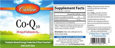 Photo of the Carlson Co-Q10 30 mg label