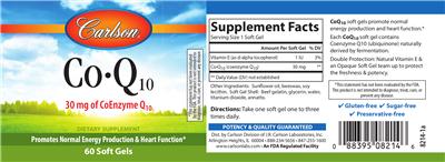 Photo of the Carlson Co-Q10 30 mg label