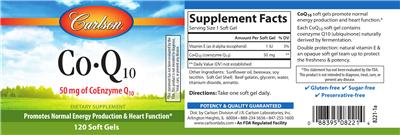 Photo of the Carlson Co-Q10 50 mg label
