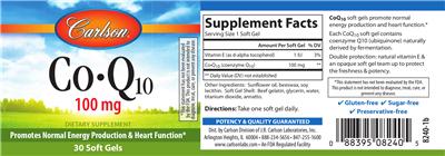 Photo of the Carlson Co-Q10 100 mg label