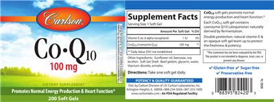 Photo of the Carlson Co-Q10 100 mg label