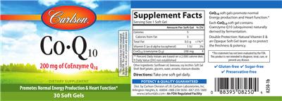 Photo of the Carlson Co-Q10 200 mg label