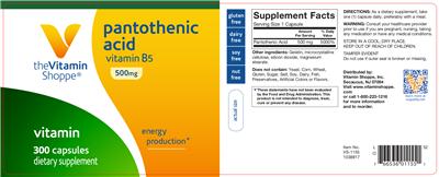 Photo of the The Vitamin Shoppe Pantothenic Acid 500 mg label